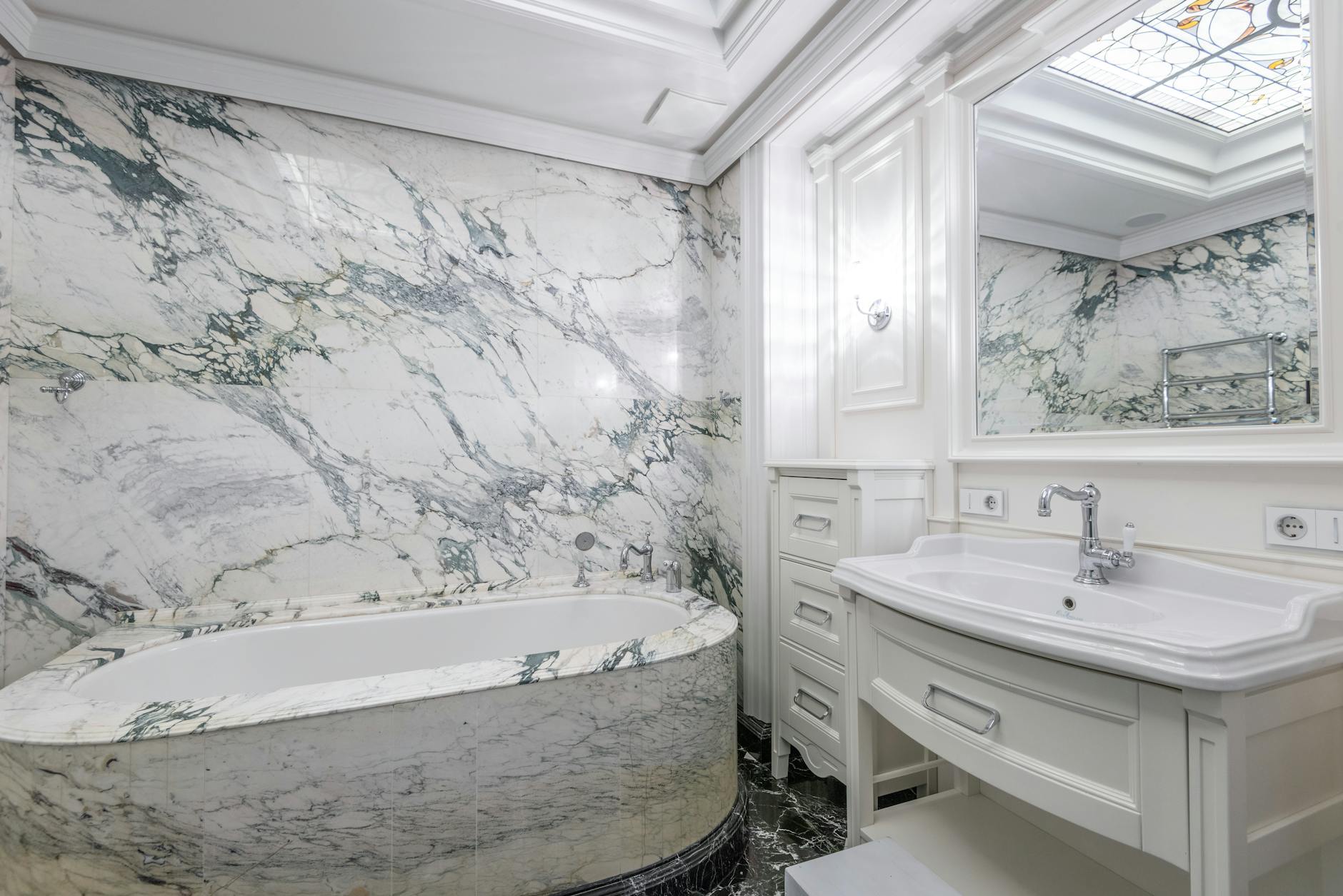 Marble bathroom in a luxury Stockholm hotel with spa finishing