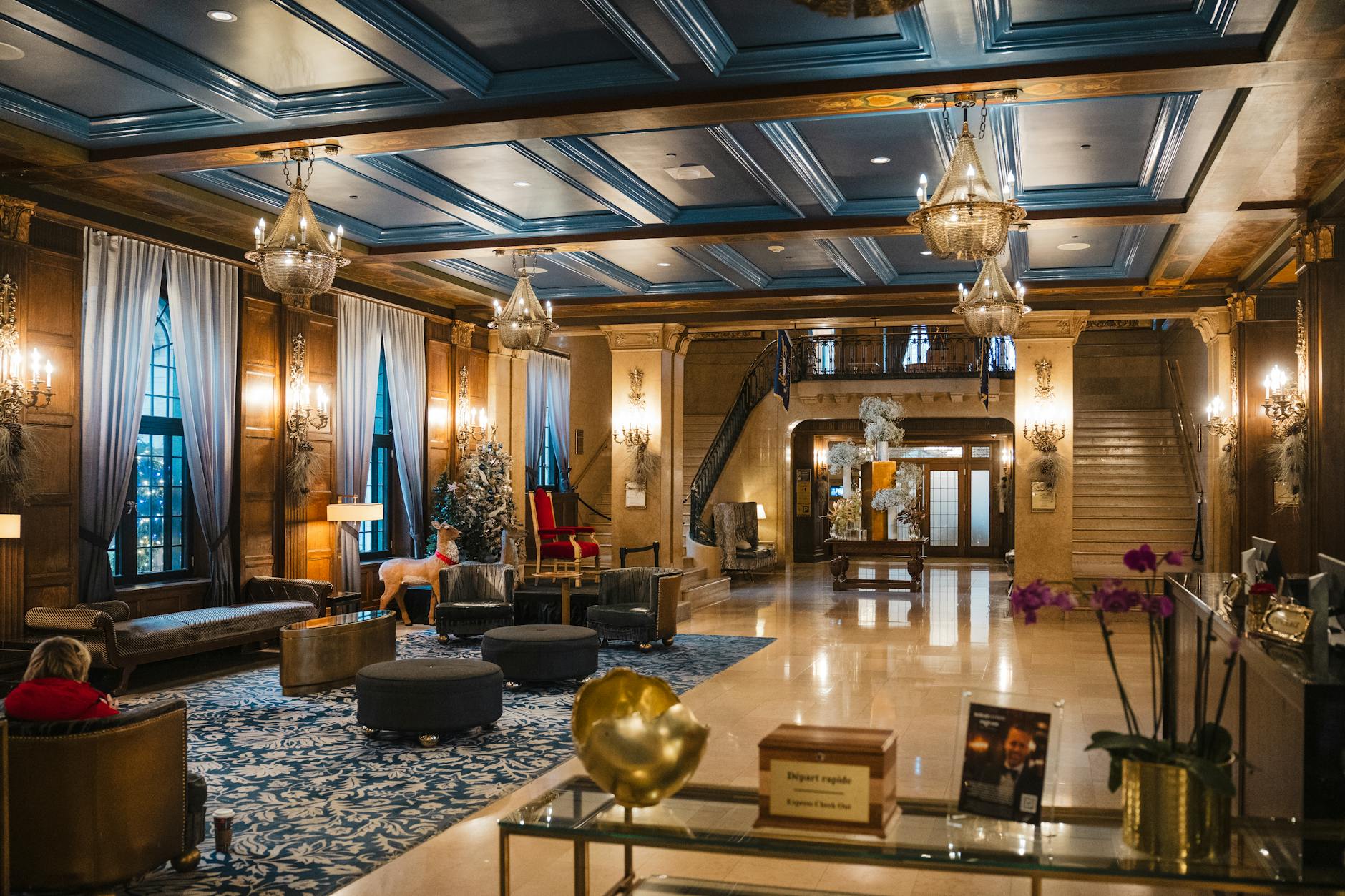 Modern Scandinavian hotel lobby with designer furniture and natural light