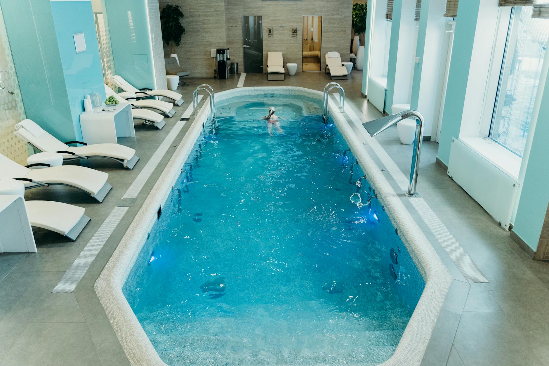 Hotel indoor pool with spa relaxation lighting
