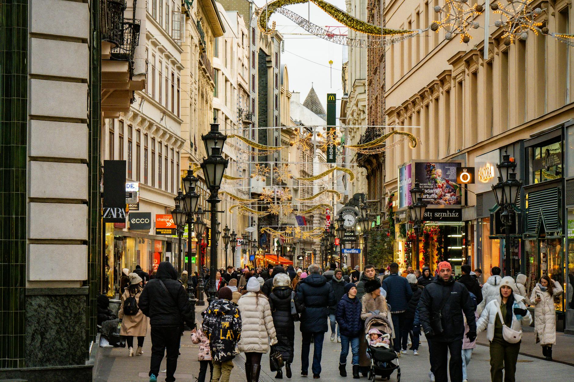 European shopping street with shoppers