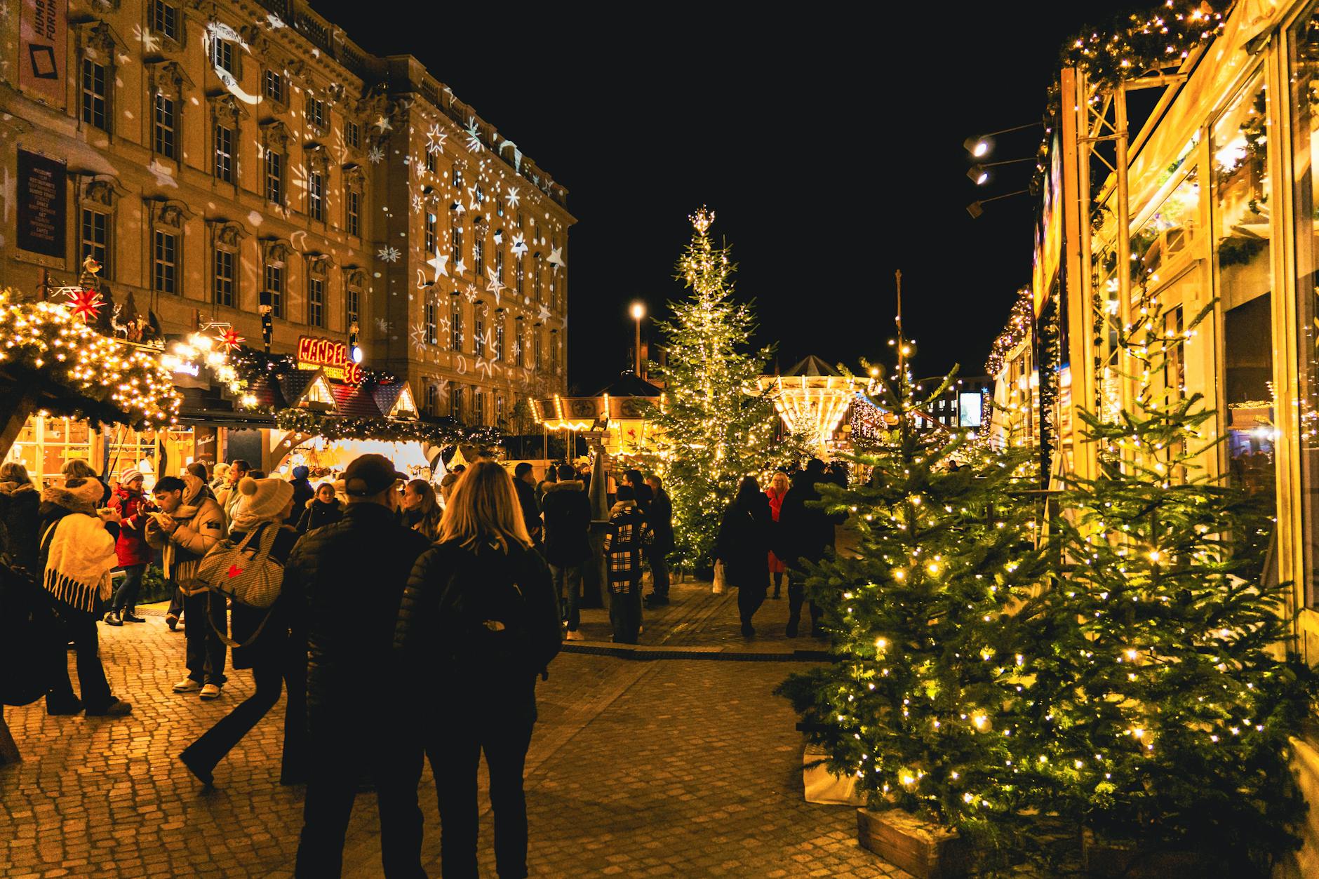 European Christmas market with lights at night