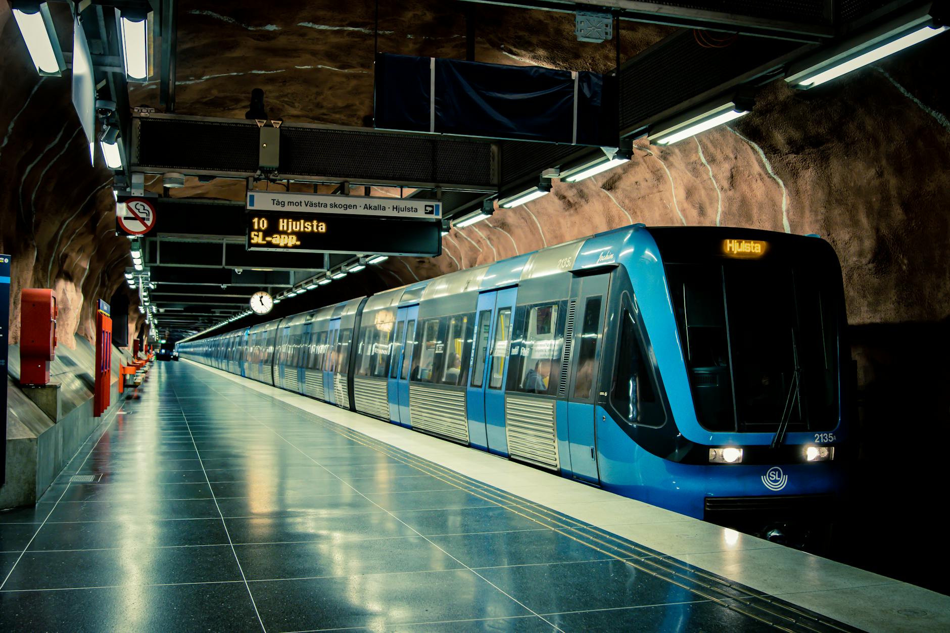 Metro train at a European station platform