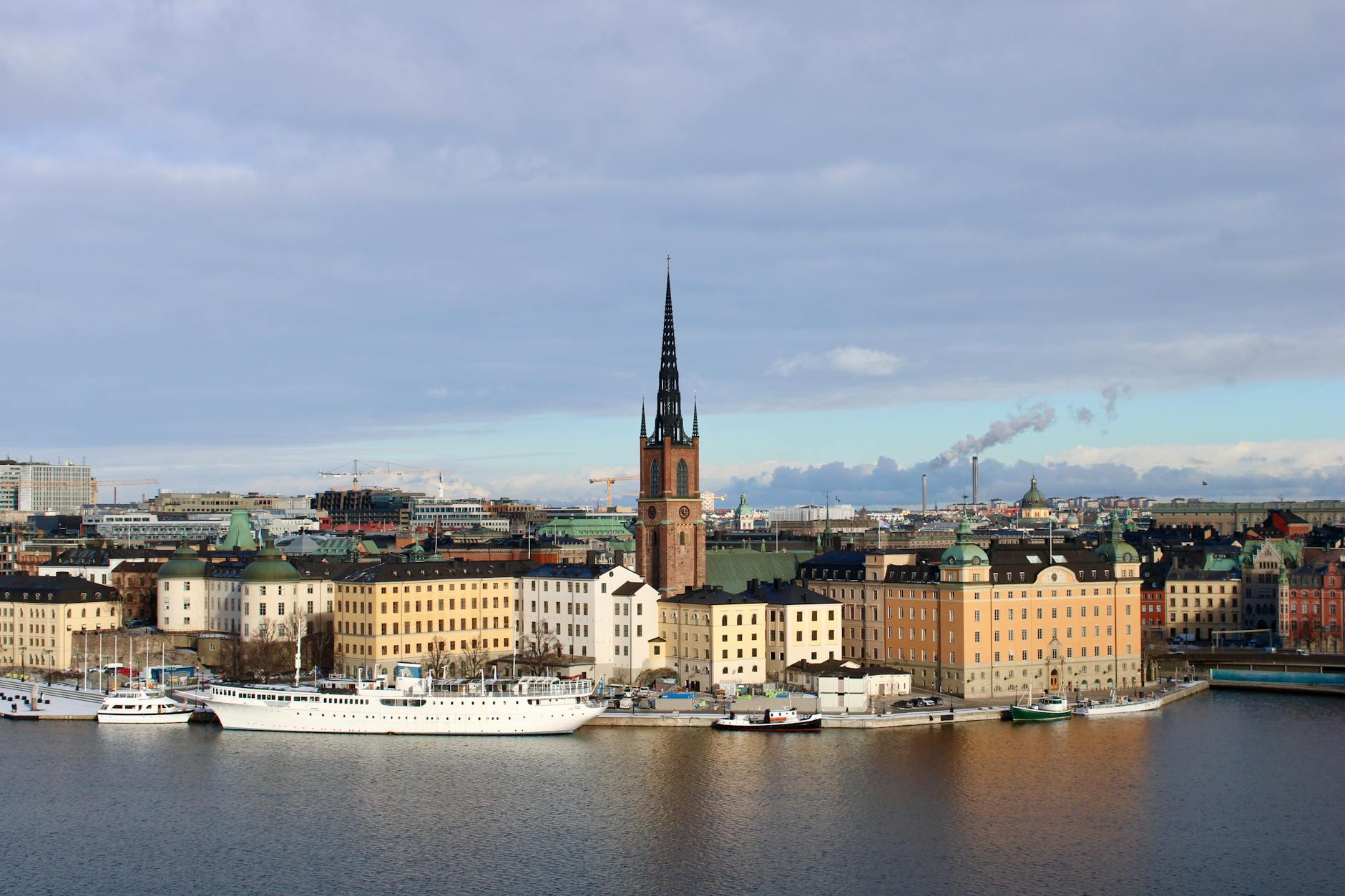 Scenic view of Riddarholmen Church and surrounding Stockholm buildings from Sodermalm