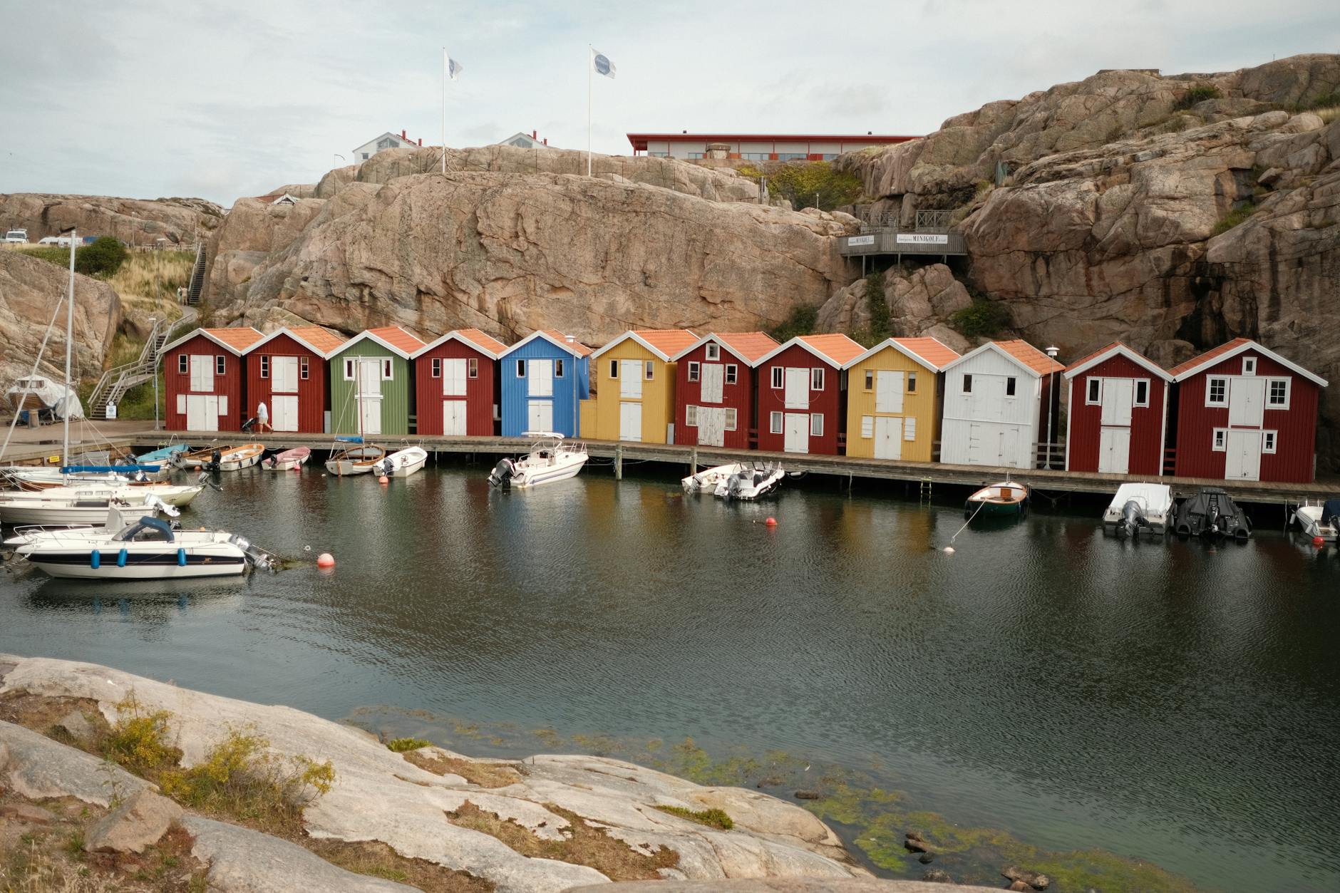 Traditional Swedish wooden harbor town with yellow and red houses