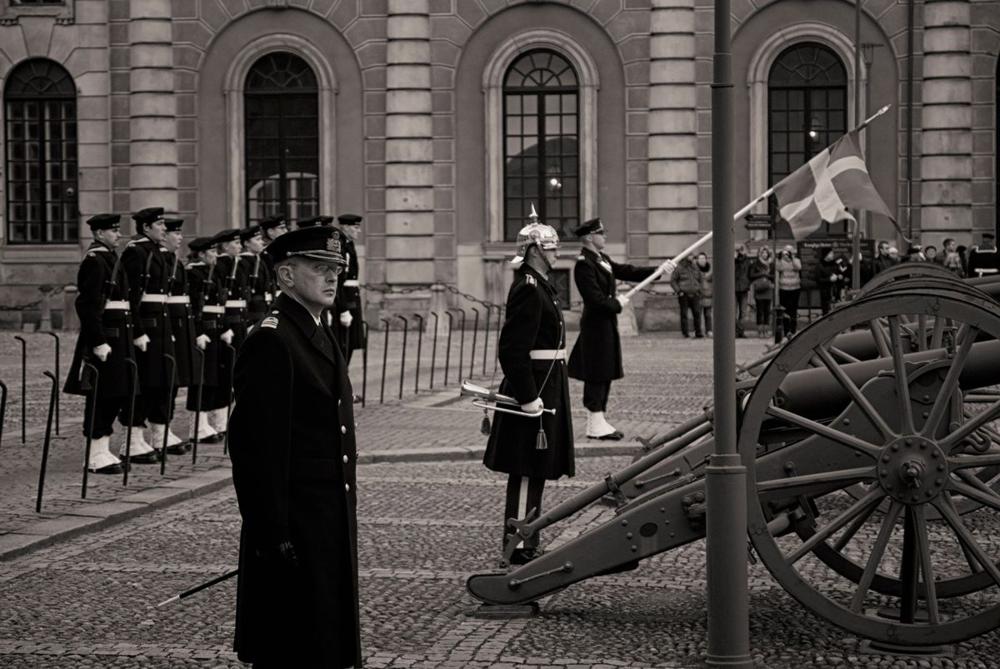Royal Guard soldiers on parade during the Changing of the Guard at the Royal Palace Stockholm