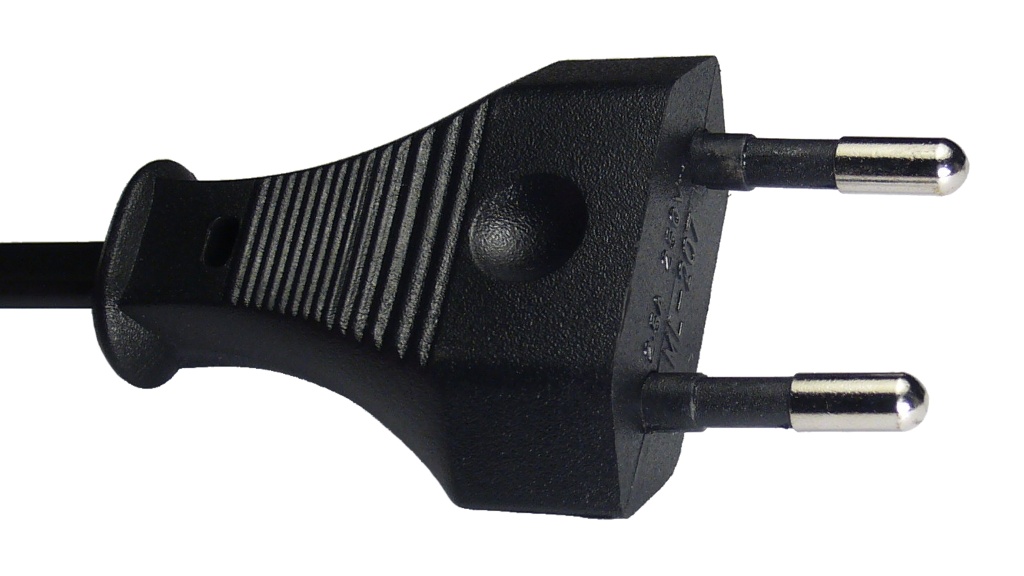 A black two-pin Europlug (Type C) with round metal pins on a white background
