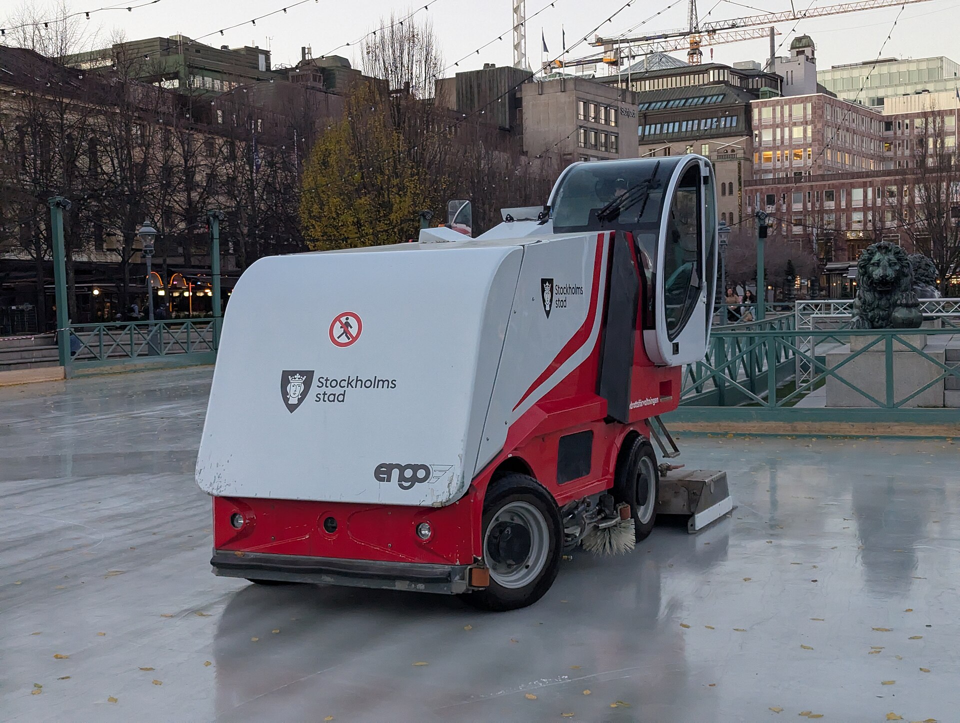 The City of Stockholm's red and white ice resurfacer smoothing the outdoor rink in Kungsträdgården at dusk, with string lights overhead and a bronze lion statue at the edge