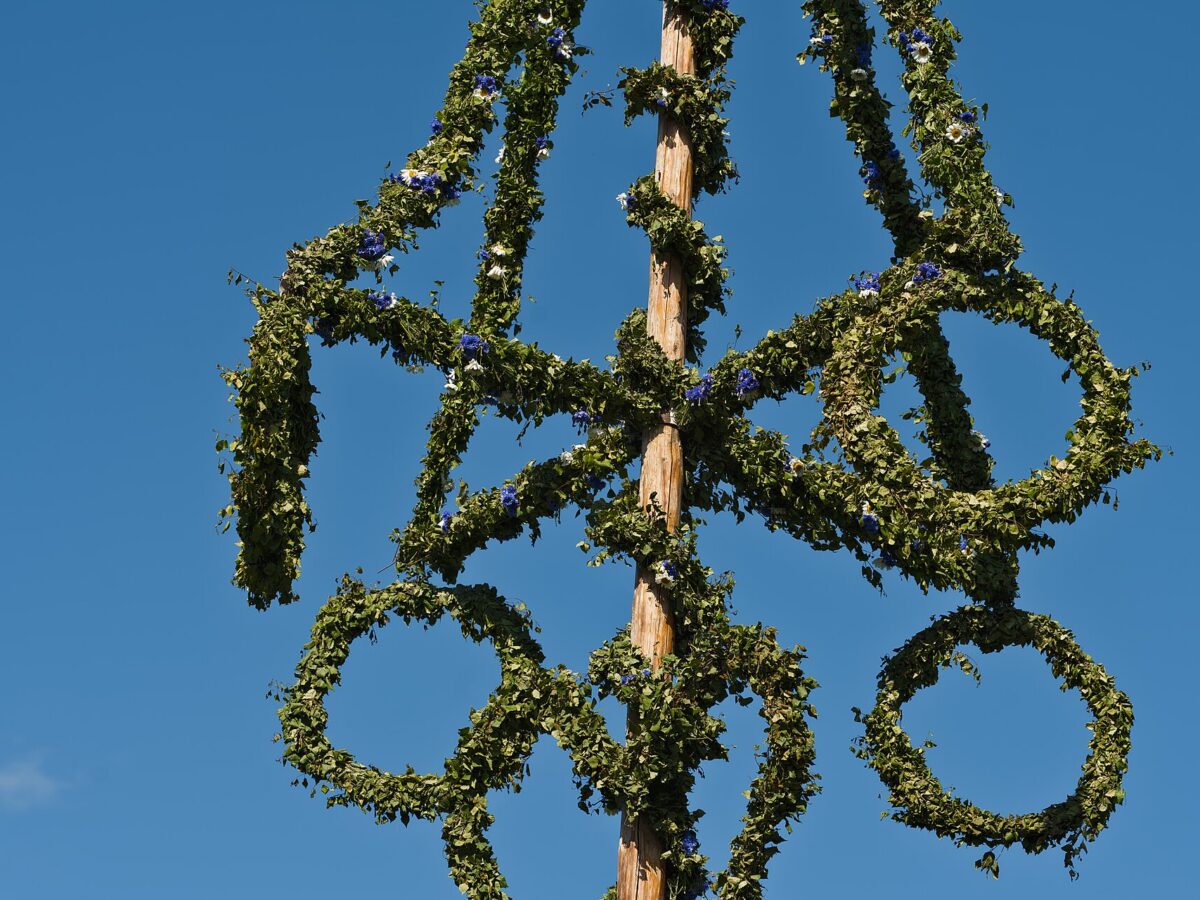 The leafy crossbar and rings of a midsummer maypole dressed with birch leaves and blue cornflowers against a clear blue sky at Skansen